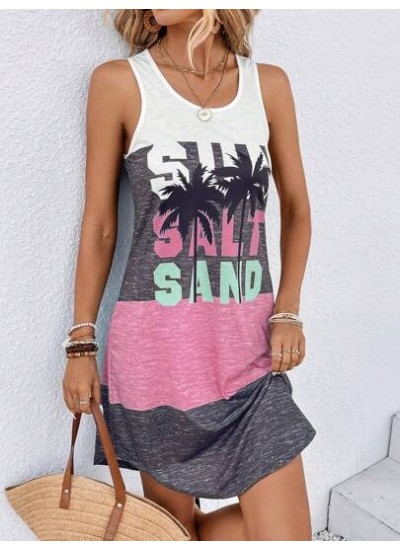 LUNE Coconut Tree & Letter Graphic Colorblock Tank Dress - Choose Your Size