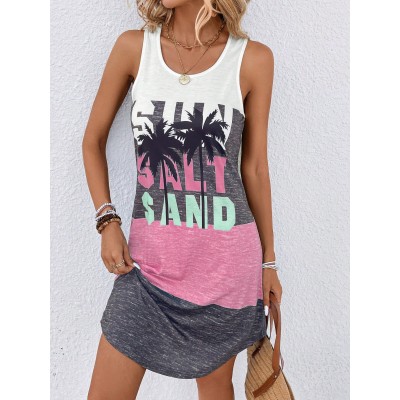 LUNE Coconut Tree & Letter Graphic Colorblock Tank Dress - Choose Your Size