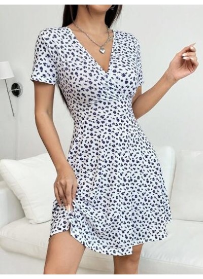 EZwear Women Spring/Summer Elegant Wrap Heart Polka Dot Print V-Neck Short Slee