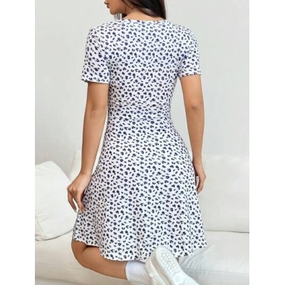 EZwear Women Spring/Summer Elegant Wrap Heart Polka Dot Print V-Neck Short Slee