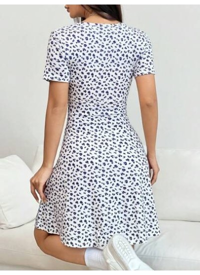 EZwear Women Spring/Summer Elegant Wrap Heart Polka Dot Print V-Neck Short Slee