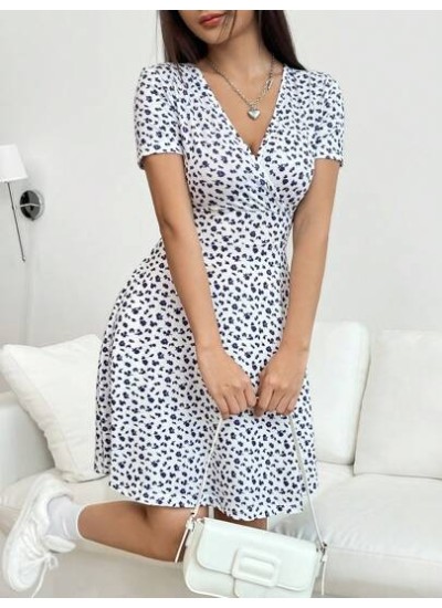 EZwear Women Spring/Summer Elegant Wrap Heart Polka Dot Print V-Neck Short Slee