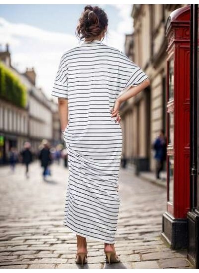 LUNE Striped Maxi Dress With Diagonal Pocket - Choose Your Size