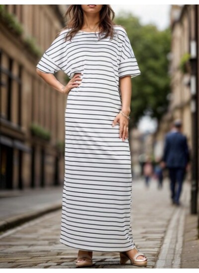 LUNE Striped Maxi Dress With Diagonal Pocket - Choose Your Size