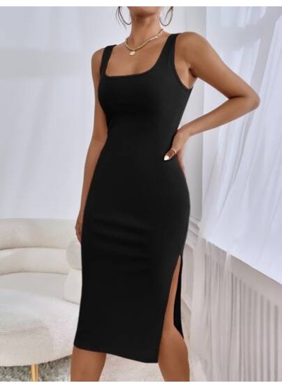 Essnce Solid Color Sleeveless Dress With Sweetheart Neckline, Slit And Exposed