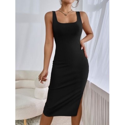 Essnce Solid Color Sleeveless Dress With Sweetheart Neckline, Slit And Exposed