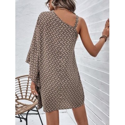 Clasi Allover Print Asymmetrical Neck Batwing Sleeve Dress - Choose Your Size