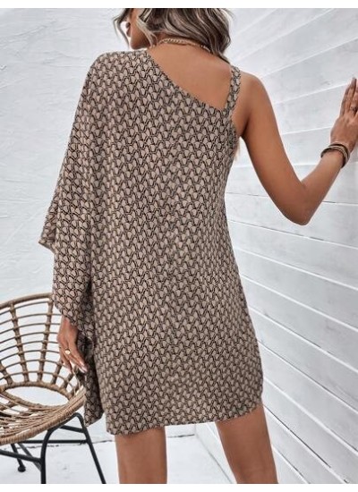 Clasi Allover Print Asymmetrical Neck Batwing Sleeve Dress - Choose Your Size