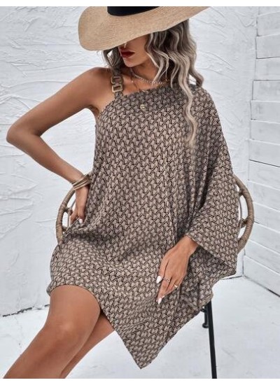 Clasi Allover Print Asymmetrical Neck Batwing Sleeve Dress - Choose Your Size