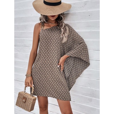 Clasi Allover Print Asymmetrical Neck Batwing Sleeve Dress - Choose Your Size