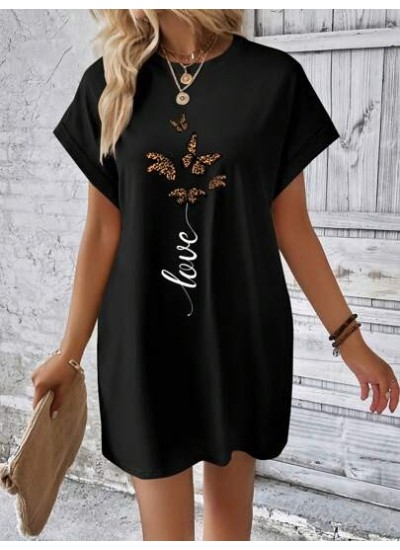 LUNE Butterfly & Letter Graphic Batwing Sleeve Tee Dress - Choose Your Size