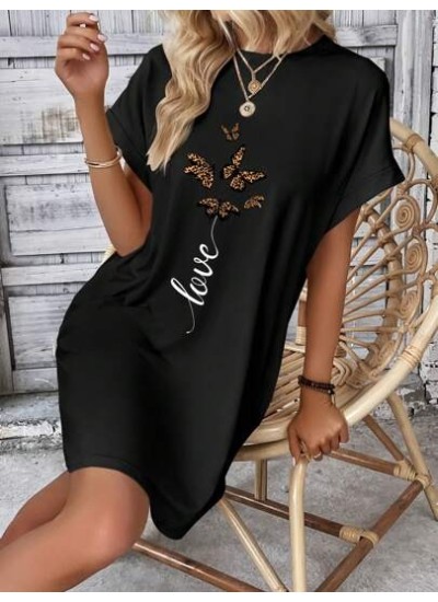 LUNE Butterfly & Letter Graphic Batwing Sleeve Tee Dress - Choose Your Size