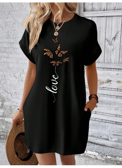 LUNE Butterfly & Letter Graphic Batwing Sleeve Tee Dress - Choose Your Size