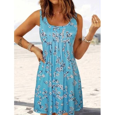 LUNE Women Summer Vacation Style Floral Print Round Neck Sleeveless Dress - Cho