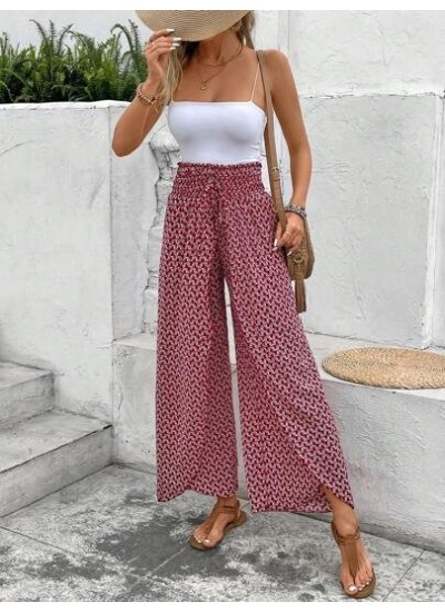 Frenchy Allover Print Knot Waist Tulip Hem Wide Leg Baggy Cross Over Pants - Ch