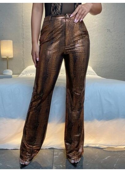 BAE Crocodile Print High Waist Straight Leg PU Leather Pants - Choose Your Size