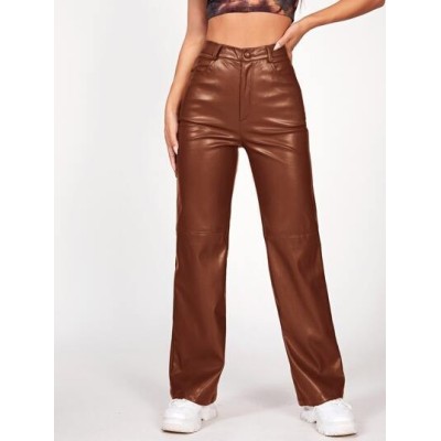 PETITE Solid PU Leather Straight Leg Pants - Choose Your Size