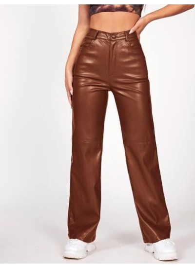 PETITE Solid PU Leather Straight Leg Pants - Choose Your Size