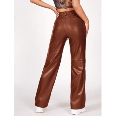 PETITE Solid PU Leather Straight Leg Pants - Choose Your Size