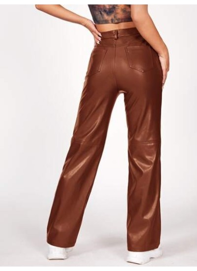 PETITE Solid PU Leather Straight Leg Pants - Choose Your Size