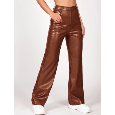 PETITE Solid PU Leather Straight Leg Pants - Choose Your Size