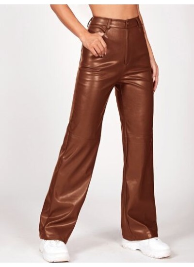 PETITE Solid PU Leather Straight Leg Pants - Choose Your Size