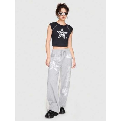 Grunge Punk Color-block Letter & Five-pointed Star Patchwork, Printed Irregular