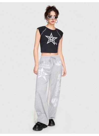 Grunge Punk Color-block Letter & Five-pointed Star Patchwork, Printed Irregular