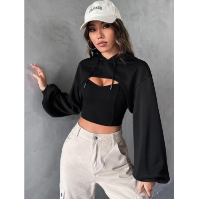 EZwear Drop Shoulder Super Crop Drawstring Hoodie Without Camisole - Choose You