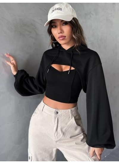 EZwear Drop Shoulder Super Crop Drawstring Hoodie Without Camisole - Choose You