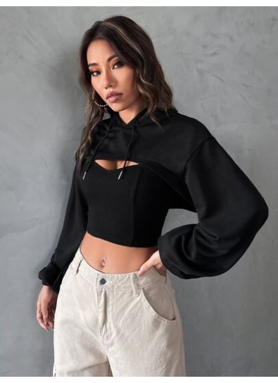 EZwear Drop Shoulder Super Crop Drawstring Hoodie Without Camisole - Choose You