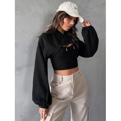 EZwear Drop Shoulder Super Crop Drawstring Hoodie Without Camisole - Choose You