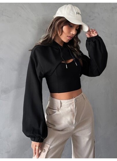 EZwear Drop Shoulder Super Crop Drawstring Hoodie Without Camisole - Choose You