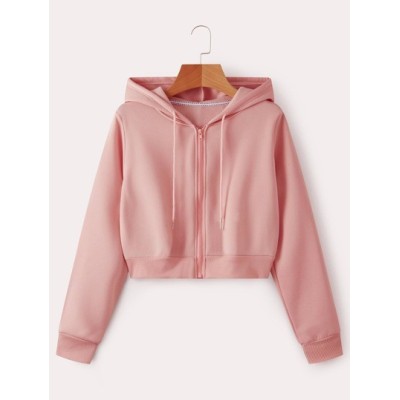 EZwear Solid Zip Up Drawstring Crop Thermal Hoodie - Choose Your Size