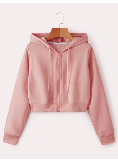 EZwear Solid Zip Up Drawstring Crop Thermal Hoodie - Choose Your Size