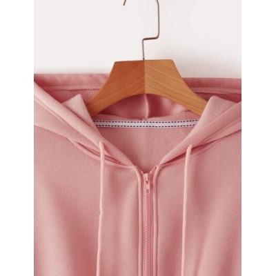 EZwear Solid Zip Up Drawstring Crop Thermal Hoodie - Choose Your Size