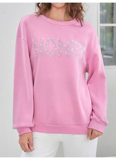 EZwear Rhinestone Letter Graphic Drop Shoulder Sweatshirt - Choose Your Size