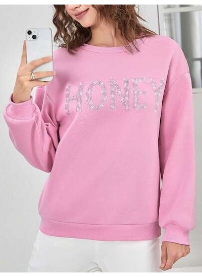 EZwear Rhinestone Letter Graphic Drop Shoulder Sweatshirt - Choose Your Size