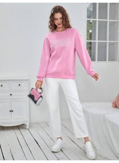 EZwear Rhinestone Letter Graphic Drop Shoulder Sweatshirt - Choose Your Size