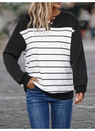 Striped Print Drop Shoulder Button Detail Sweatshirt - Choose Your Size