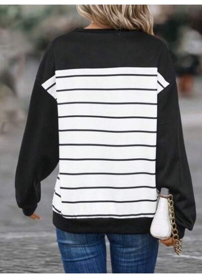 Striped Print Drop Shoulder Button Detail Sweatshirt - Choose Your Size