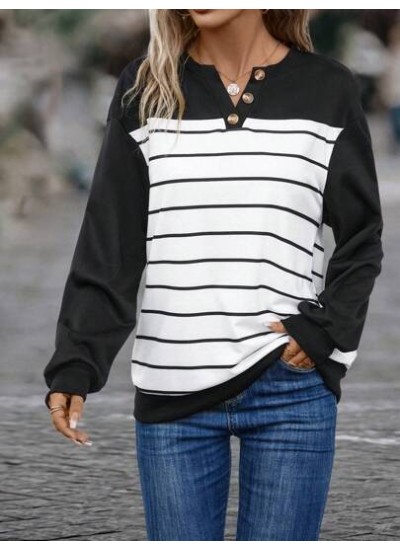 Striped Print Drop Shoulder Button Detail Sweatshirt - Choose Your Size