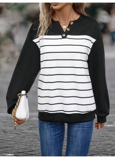 Striped Print Drop Shoulder Button Detail Sweatshirt - Choose Your Size