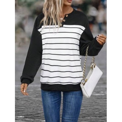 Striped Print Drop Shoulder Button Detail Sweatshirt - Choose Your Size