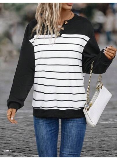 Striped Print Drop Shoulder Button Detail Sweatshirt - Choose Your Size