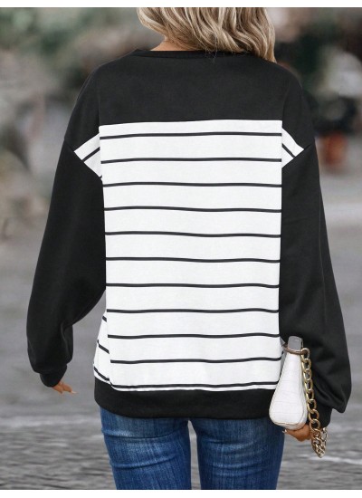 Striped Print Drop Shoulder Button Detail Sweatshirt - Choose Your Size