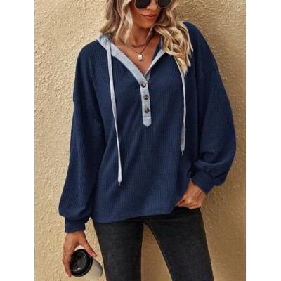 LUNE Half Button Drop Shoulder Drawstring Hooded Waffle Knit Sweatshirt - Choos