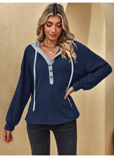 LUNE Half Button Drop Shoulder Drawstring Hooded Waffle Knit Sweatshirt - Choos