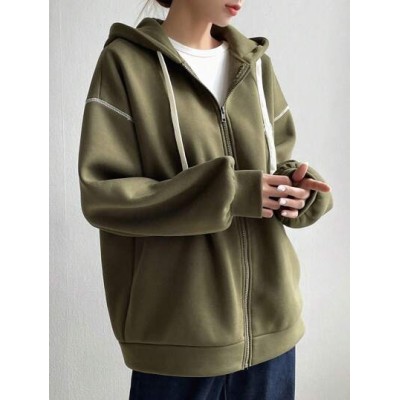 1pc Top-stitching Drop Shoulder Drawstring Zipper Thermal Lined Hoodie - Choose