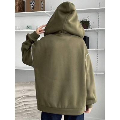 1pc Top-stitching Drop Shoulder Drawstring Zipper Thermal Lined Hoodie - Choose